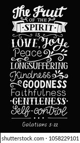 Hand lettering The fruit of the Spirit . Bible verse. Christian poster. New Testament. Galatians. Grapic print