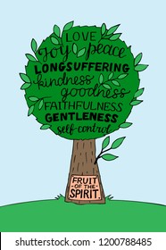 Hand lettering The fruit of the Spirit is joy, love, peace with tree. Bible verse. Christian poster. New Testament. Galatians. Grapics. Scripture. Quote.