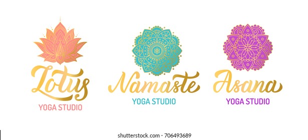 Hand lettering gilding logo set for yoga studio. Mandala with turquoise elements. Vector illustration.