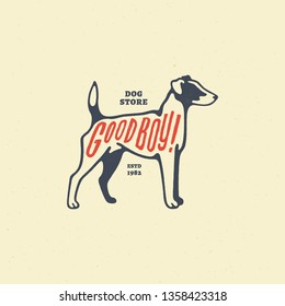 Hand lettering Good boy! on fox terrier silhouette with stamp effect for logo, label, badge, emblem design. Vector illustration.