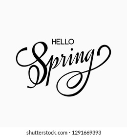 Hand lettering and greetings Hello Spring. Black lettering on a light background. vector illustration