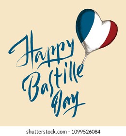 Hand lettering happy Bastille Day. Hand drawing, sketch. Hot air balloon in the shape of a heart with the state colors of the French tricolor on a neutral background.