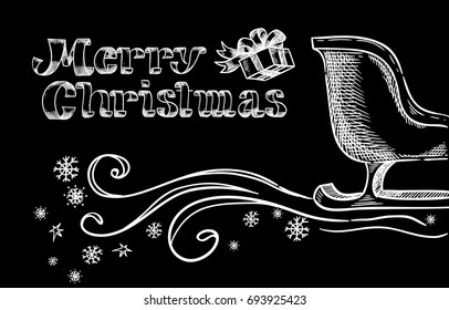 Hand lettering of a happy Christmas and drawing of a sled and gift box