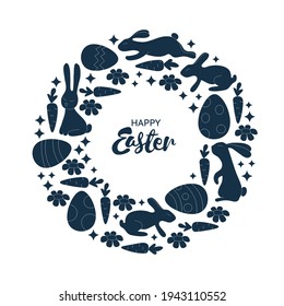 Hand lettering Happy Easter card. One color wreath with bunnies, flowers, eggs. Stamp