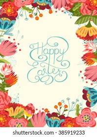 Hand lettering Happy Easter card. Vintage  floral card with flowers, hearts and butterflies. 