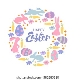 Hand lettering Happy Easter card. Vintage wreath with bunnies, flowers, carrot and stars. Delicate colors background.