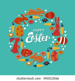 Hand lettering Happy Easter card. Vintage wreath with bunnies, flowers, carrot and stars. Bright colors background.