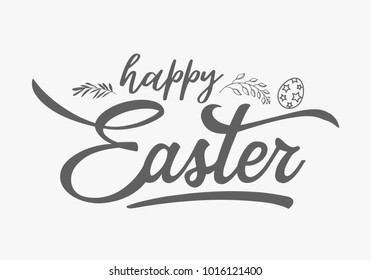 Hand lettering happy Easter with eggs decorative on white background. Horizontal stripe with eggs and leaves. 