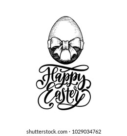 Hand lettering Happy Easter in vector. Drawn paschal egg illustration on white background for holiday poster, greeting card etc.