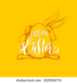 Hand lettering Happy Easter in vector. Drawn illustration of paschal egg and Bunny  on yellow background for holiday poster, greeting card etc.