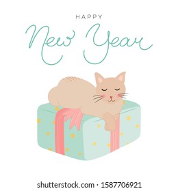 Hand Lettering Happy New Year 2020. Holiday Card. Calligraphy, Linear Style. Cute Illustration A Gift Of Mint Color And A Cat.