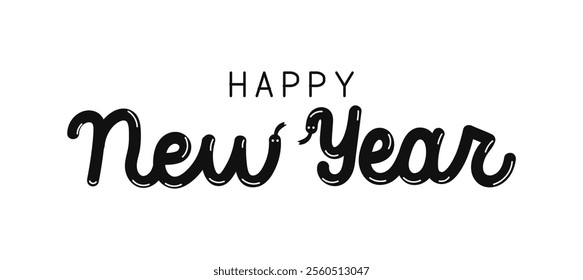 Hand lettering happy New Year 2025 with head of snake. Black color typography design illustration