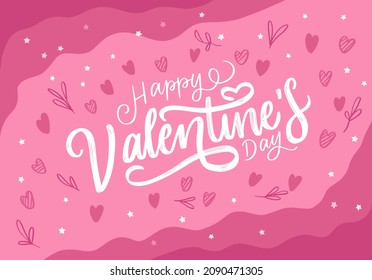 hand lettering happy valentines day with heart and leaves hand drawn background