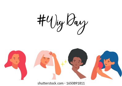 Hand Lettering Hastag Wig Day 10 March cartoon hand drawn style flat vector design illustrations. concept of set people using wigs.