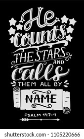 Hand lettering He counts the stars and calls them all by name. Bible verse. Christian poster. Modern calligraphy. Graphics. Psalm. Card. Scripture print. Quote