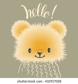 Hand Lettering "Hello!" and fluffy Teddy bear.  Hand-drawn illustration. Vector.