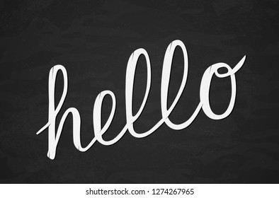 Hand lettering Hello on chalkboard background. Calligraphy font hand drawn word. Grunge style typography poster. Easy to edit vector template for your design projects.
