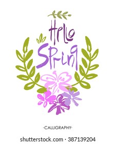 Hand Lettering Hello spring. Brush Pen lettering isolated on background. Handwritten vector Illustration. Background includes seamless pattern with flowers.