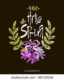Hand Lettering Hello spring. Brush Pen lettering isolated on background. Handwritten vector Illustration. Background includes seamless pattern with flowers.