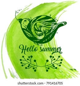 Hand lettering hello summer calligraphy and bird. Logo, stamp, print. vector isolated on background green watercolor. trend