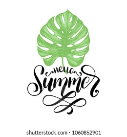 Hand lettering Hello Summer. Vector inspirational phrase on palm leaf background.