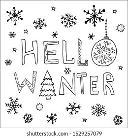 Hand lettering "Hello winter". For design on themes: holidays, winter, new year, christmas, snow, weather