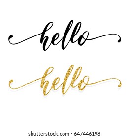 Hand lettering hello word, black ink and gold glitter effect, isolated on white background. Vector illustration. Modern calligraphy, can be used for card design