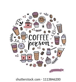 Hand lettering illustration about coffee. Coffee person lettering words and coffee clipart