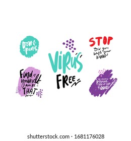 Hand lettering illustration. Poster about virus. Virus free. Stop. Did you wash your hands? Don’t panic