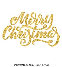 Mão inscrição letras Feliz Natal com efeito de brilho dourado, isolado no fundo branco. Ideal para design festivo, cartões postais de Natal. Ilustração vetorial.