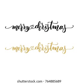 Hand lettering inscription merry Christmas with golden glitter effect, isolated on white background. Ideal for festive design, christmas postcards. Vector illustration.