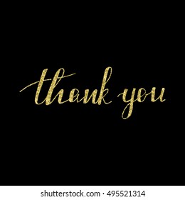 Hand lettering inscription thank you with golden glitter effect, on black background. calligraphic thanks giving card. Vector illustration.
