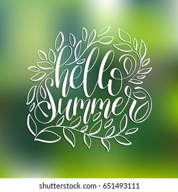 Hand lettering inspirational poster Hello Summer. Calligraphy with outline leaves on blurred background. Vector fun quote illustration.
