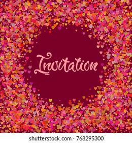 Hand lettering an Invitation on a background of hearts. Vector illustration.
