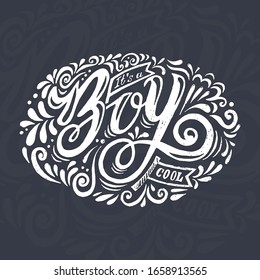 
Letrado a mano Es un chico genial. Decorado con rizos, olas y pétalos. Negro sobre blanco. Ilustración vectorial.