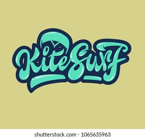 Hand lettering "Kitesurf", blue, tropical, print, logo, symbol, water sports, extreme sports