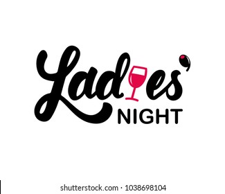 Hand lettering "Ladies' night" with glass of wine and olive canapes illustration. Banner, flyer, ad, nightclub, club, bar, restaurant, invitation, card