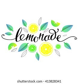 Hand lettering Lemonade with lemon, lime and mint.Vector illustration.