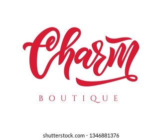 Hand lettering logo Charm boutique. Vector logotype of nail studio, manicure service, art school, boutique of clothes, inscription of package product, flyer, banner, brochure, business card