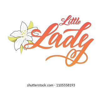 Hand lettering of logo little lady with flower red ogrange color.Template of logotype of clothes shop for femal, label,poster,banner. Inscription for packing product to flower store, for journal.