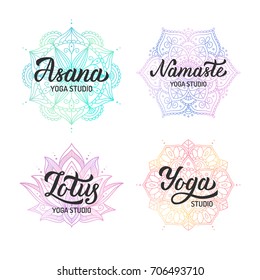 Hand lettering logo set with colorful mandala for yoga studio. Isolated on white background. Vector illustration.