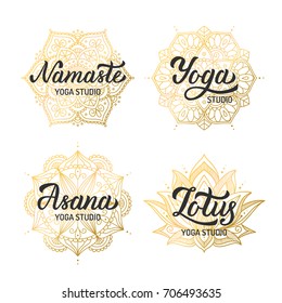 Hand lettering logo set for yoga studio. Gilding mandala elements. Vector illustration.