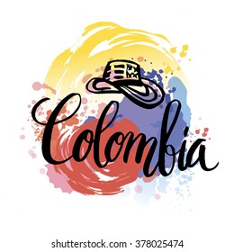 Hand lettering logo with watercolor elements. Vector illustration independence day of Colombia.