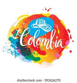 Hand lettering logo with watercolor elements. Vector illustration independence day of Colombia.