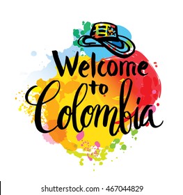 Hand lettering logo with watercolor elements. Vector illustration independence day of Colombia.