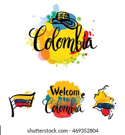 Hand lettering logo with watercolor elements. Vector illustration independence day of Colombia.