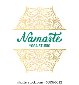 Hand lettering logo for yoga studio. Gilding mandala elements. Vector illustration.