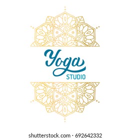 Hand lettering logo for yoga studio. Gilding mandala elements. Vector illustration.