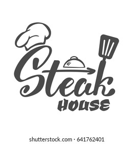 Hand lettering logo.Steak house label, logo and emblem vector templates isolated on white background. restaurant menu design element