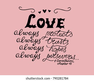 Hand lettering Love always, made with hearts. Biblical background. Christian poster. Card. Scripture. Wedding. Valentine s day Corinthians